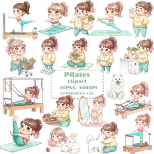May include: A collection of watercolor illustrations featuring a cartoon character in various Pilates poses and activities. The character is depicted in activewear, with props like exercise equipment, a shopping cart, and a scale. The image includes the text "Pilates clipart".
