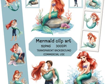 Watercolor Mermaid Clipart Bundle, Cute Under the Sea PNG Graphics, Ocean Animals Clipart Set, Sublimation Design, Instant Download