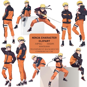 May include: A collection of illustrations of a ninja character in various action poses. The character is wearing an orange and black outfit with a headband. The image includes text that reads "NINJA CHARACTER CLIPART".
