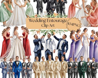 Watercolor Wedding Entourage ClipArt PNG- Newly Wed couple clipart,  Groom and Bride illustration, Wedding clip art PNG, Groom & Bride art