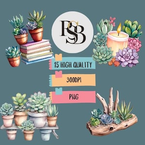 Puede incluir: Un conjunto de 15 ilustraciones de acuarela de suculentas, perfectas para manualidades y proyectos digitales. Las ilustraciones presentan diversas suculentas en macetas, sobre una tabla de madera y con una vela.