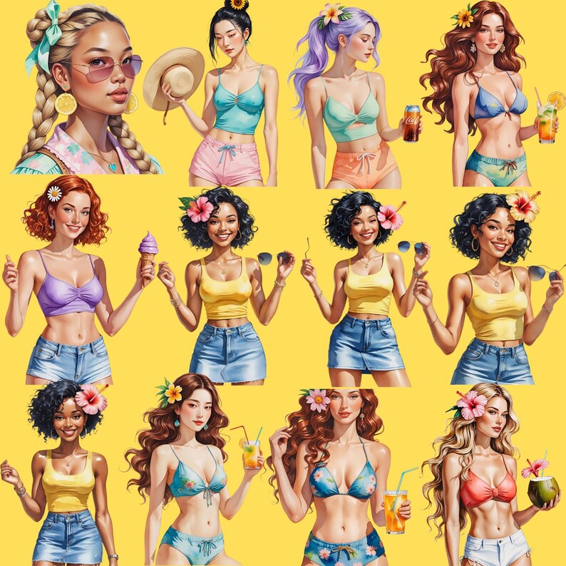 May include: A digital illustration featuring a collection of women in summer attire against a yellow background. The women are depicted in various poses, wearing bikinis, tank tops, and shorts, with accessories like sunglasses and flowers in their hair. Some hold drinks or ice cream.