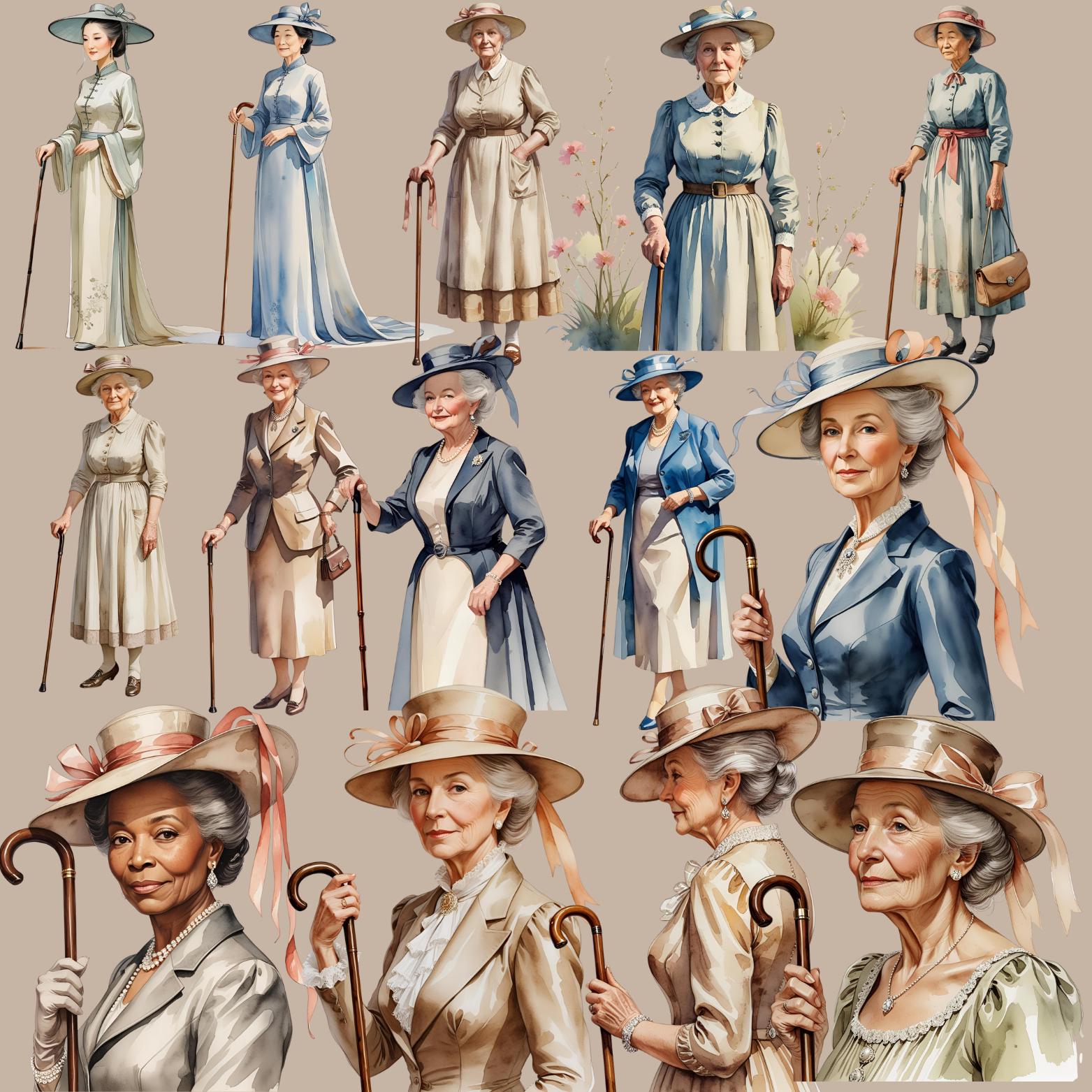 Watercolor Elegant Grandma Clipart - Charming Old Lady PNG Images Old ...