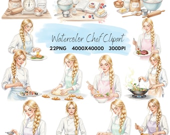 Watercolor Chef Clipart | Female Chef Illustration PNG | Blonde Woman in Chef Outfit | Cooking and Baking Art | Kitchen Clipart for Recipes