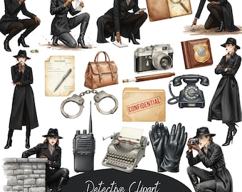 Watercolor Detective Clip Art: Secret Agent Illustrations, murder mystery, spy clipart, private investigator, (50PNG files Digital download)