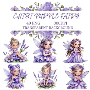 Watercolor Chibi Fairy Clipart Bundle, Purple Fairy PNGs, Cute Fantasy Girl Illustration, Transparent Background, High-Quality Clip Art
