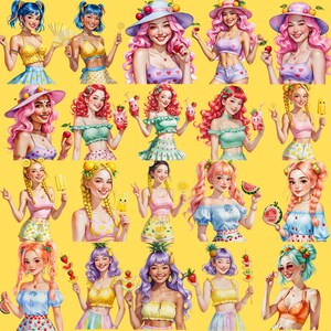 May include: A collage of illustrations featuring women with colorful hair and summer-themed accessories. Each woman is depicted with a cheerful expression, holding items like fruit, ice cream, and drinks. The background is a solid yellow.