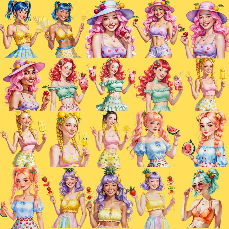 May include: A collage of illustrations featuring women with colorful hair and summer-themed accessories. Each woman is depicted with a cheerful expression, holding items like fruit, ice cream, and drinks. The background is a solid yellow.
