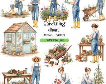 Pacchetto di clipart di scene di giardinaggio ad acquerello, giardiniera con piante, attrezzi e fiori, illustrazione digitale stampabile, download digitale