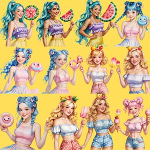 May include: A digital illustration featuring a repeating pattern of young women with colorful hair and summer outfits. Each woman holds a different sweet treat, including watermelon slices, ice cream bars, and donut-shaped treats. The background is a solid yellow.