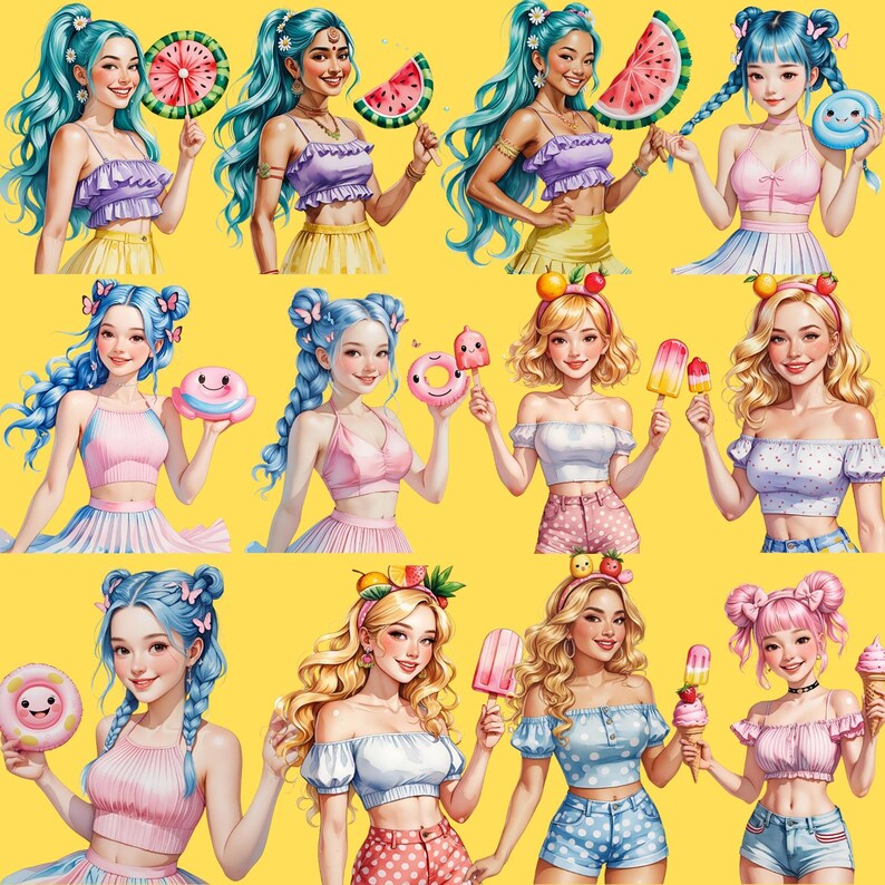 May include: A digital illustration featuring a repeating pattern of young women with colorful hair and summer outfits. Each woman holds a different sweet treat, including watermelon slices, ice cream bars, and donut-shaped treats. The background is a solid yellow.