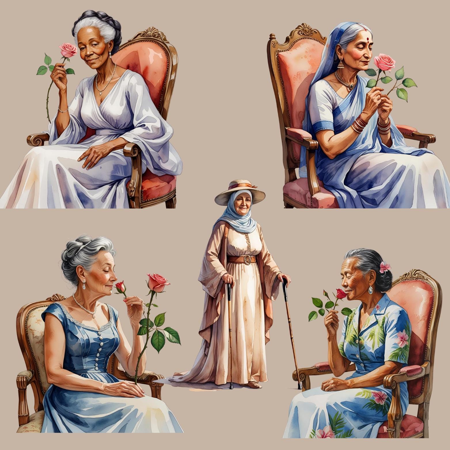 Watercolor Elegant Grandma Clipart - Charming Old Lady PNG Images Old ...