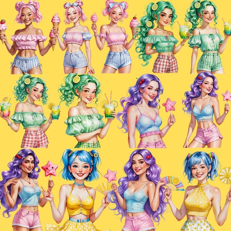 May include: A vibrant illustration featuring a grid of women with colorful hair and outfits. Some hold ice cream cones, drinks, or star-shaped lollipops. The women wear crop tops and shorts in various pastel colors, set against a bright yellow background.