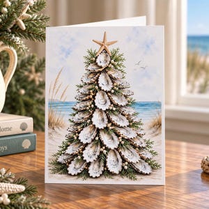 Oyster Shell Card, Coastal Watercolor Tree | Starfish Topper | 5X7 Folded Greeting | Blank Inside
