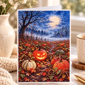 Pumpkin Patch Card, Moonlit Watercolor Scene - Jack O Lantern | 5X7 Folded | White Envelope