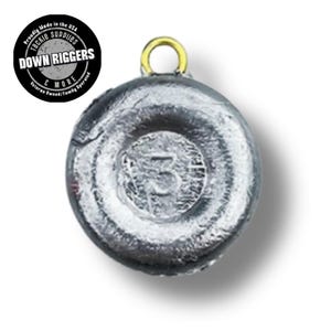 May include: A silver-colored fishing weight with a gold-colored loop. The weight has the number "3" embossed on its surface. The image also includes a circular logo with the text "DOWN RIGGERS" and "Proudly Made in the USA."