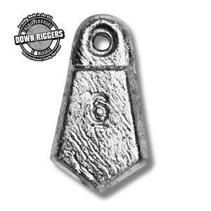 May include: A silver-colored, teardrop-shaped fishing weight with a textured surface and a hole at the top. The number "6" is embossed on the front. The text "DOWN RIGGERS & MORE" is visible in a circular logo.