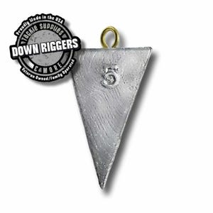 May include: A silver triangle-shaped fishing weight with a gold loop at the top. The weight is labeled with the number "5".