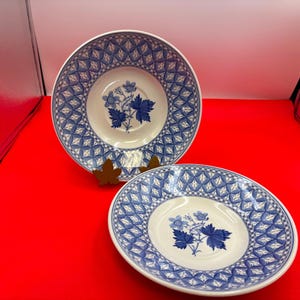 May include: Two blue and white ceramic teacups with floral designs. The cups have a white background with a blue geometric pattern and a blue floral design in the center.