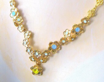 Floral garland necklace Gold with Sky Blue opals and citrine Swarovski crystals Fancy chain Handmade flower necklace or necklace/earring set