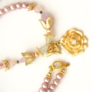 Blush rose chalcedony and pearl necklace rose Freshwater pearls w/ Swarovski crystals necklace Vermeil and matte gold plated artisan jewelr image 4