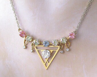 Matte Gold plated crystal bar and V necklace pastel pink blue green Swarovski crystal and CZ necklace contemporary Handmade Jewelry Necklace