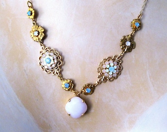 Flower theme necklace Gold with Sky Blue and rosewater opal Swarovski crystals fine chain Handmade flower necklace or necklace/earrings set