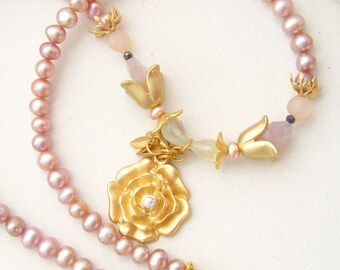 Blush rose chalcedony and pearl necklace rose Freshwater pearls w/ Swarovski crystals necklace Vermeil and matte gold plated artisan jewelr