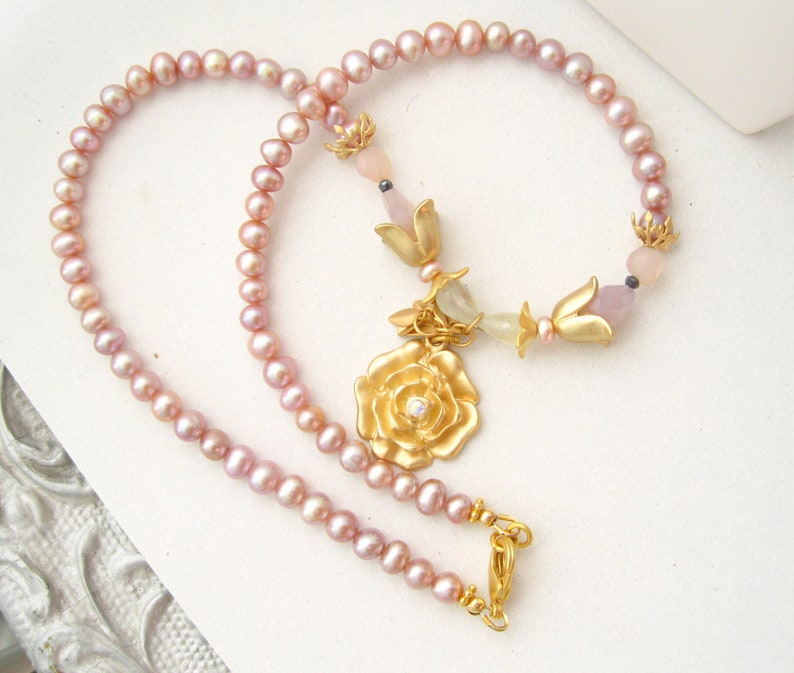 Blush rose chalcedony and pearl necklace rose Freshwater pearls w/ Swarovski crystals necklace Vermeil and matte gold plated artisan jewelr image 1