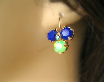 Blue and green opal earrings Pansy flower Earrings Rose Gold plated leverback Swarovski crystal Pansy Earrings