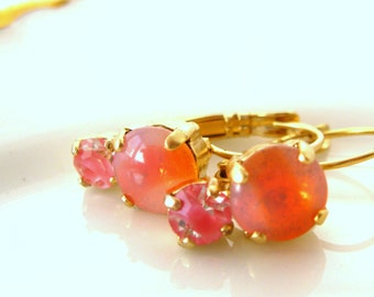 Vintage pink/peach crystal earrings. Rosaline and pink Givre Swarovski crystal, matte gold plated leverback. Handcrafted earrings.