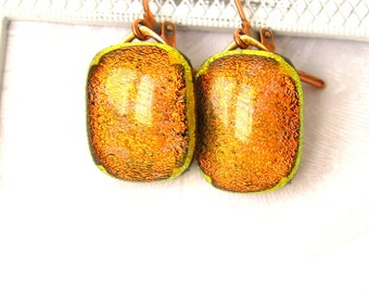 Amber glowing dichroic glass Earrings. Glass minimalist modern earrings. Sparking dichroic glass