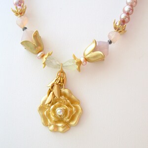 Blush rose chalcedony and pearl necklace rose Freshwater pearls w/ Swarovski crystals necklace Vermeil and matte gold plated artisan jewelr image 3