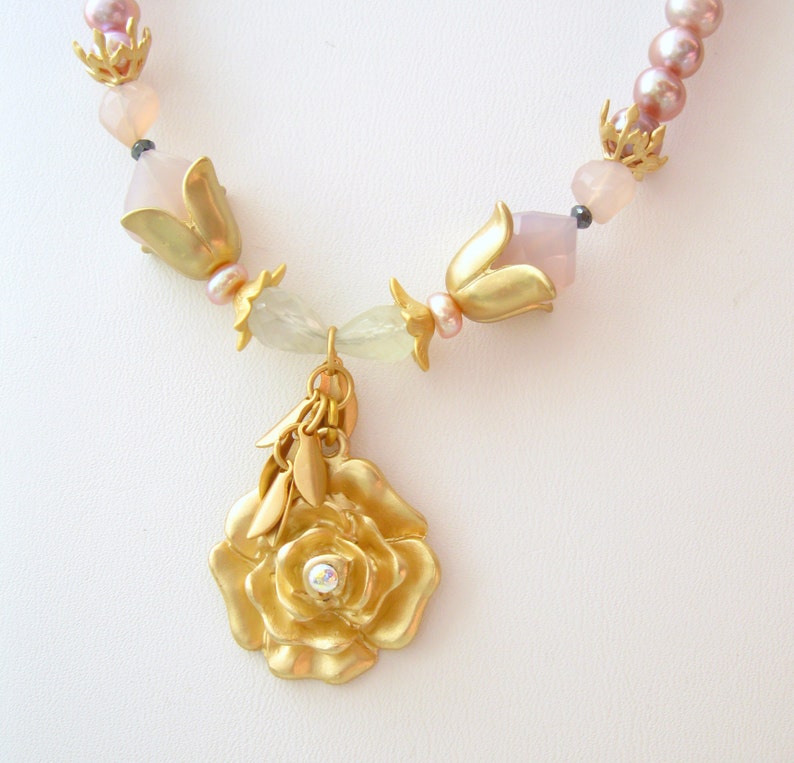 Blush rose chalcedony and pearl necklace rose Freshwater pearls w/ Swarovski crystals necklace Vermeil and matte gold plated artisan jewelr image 3