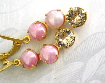 Pink moonstones and golden shadow earrings Vintage pink moonstones with Swarovski golden shadow crystal asymmetric modern dangle earrings