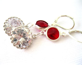 Sparkling CZ and Swarovski Ruby crystal Earrings, Holiday Handmade Jewelry, Handmade drop Earrings,Silver plated