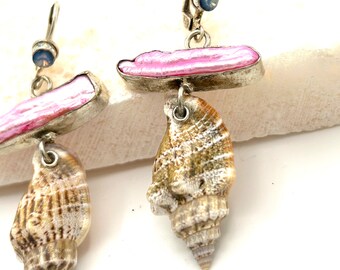 Pink Biwa pearl and shell earrings with Swarovski crystal silver plated, leverback ear wire Beachy earrings handmade jewelry pearl and shell