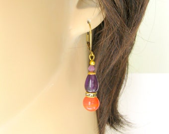 Amethyst and Tangerine Dangle earrings. Genuine Amethyst Vintage tangerine glass gold plated earrings