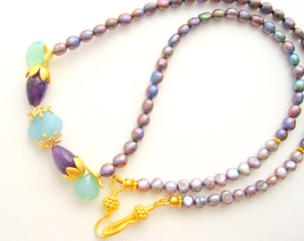 Amethyst and peacock pearl necklace - chalcedony, amazonite, fresh water pearl matte gold vermeil purple necklace