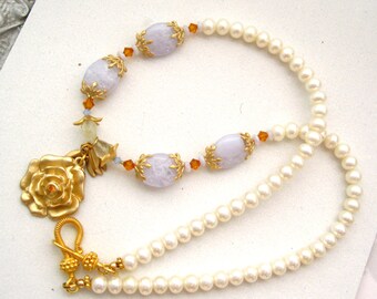 Blue lace agate and rose necklace Freshwater pearls and Swarovski crystals necklace Vermeil and matte gold plated artisan jewelry