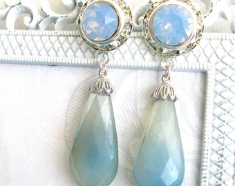 Sky Blue Chalcedony with Swarovski air blue opal crystal semiprecious gem dangle earrings Post earrings silver crystal chalcedony briolette