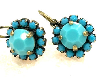 Turquoise crystal earrings Swarovski crystal antiqued bras leverback career earring Classic turquoise earrings with Swarovski stones classic
