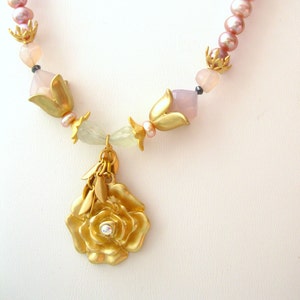 Blush rose chalcedony and pearl necklace rose Freshwater pearls w/ Swarovski crystals necklace Vermeil and matte gold plated artisan jewelr image 2