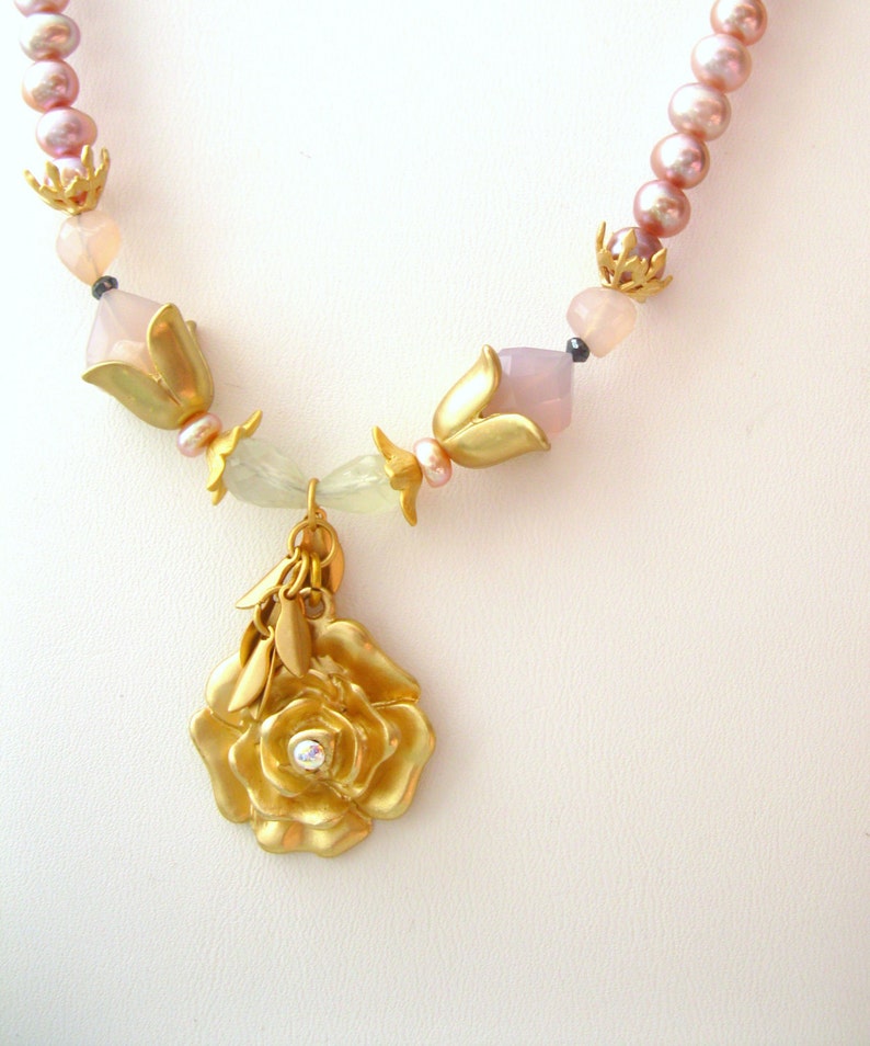 Blush rose chalcedony and pearl necklace rose Freshwater pearls w/ Swarovski crystals necklace Vermeil and matte gold plated artisan jewelr image 2