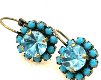 Turquoise and aqua crystal earrings vintage Aqua Swarovski crystal antiqued brass leverback career earring Classic turquoise earrings blue
