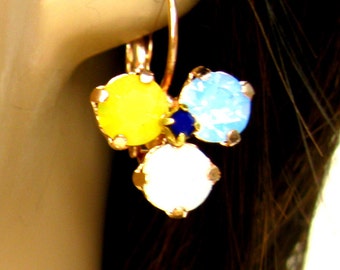 Opal crystal earrings white yellow seafoam Pansy flower Earrings Matte Gold plated leverback Swarovski crystal Pansy Earrings