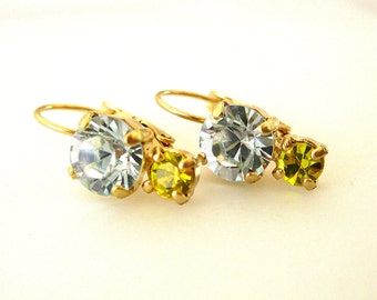 Pale blue and citrine crystal earrings. Swarovski crystal, matte gold plated leverback. Handcrafted earrings.