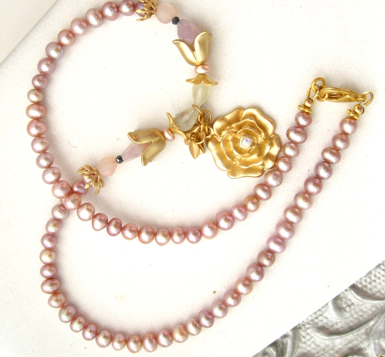 Blush rose chalcedony and pearl necklace rose Freshwater pearls w/ Swarovski crystals necklace Vermeil and matte gold plated artisan jewelr image 5