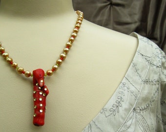 Red Branch Coral and Gold Freshwater Pearl Necklace Coral and crystal Pendant Necklace fresh water pearl necklace ISLAND GIRL Handmade OOAK