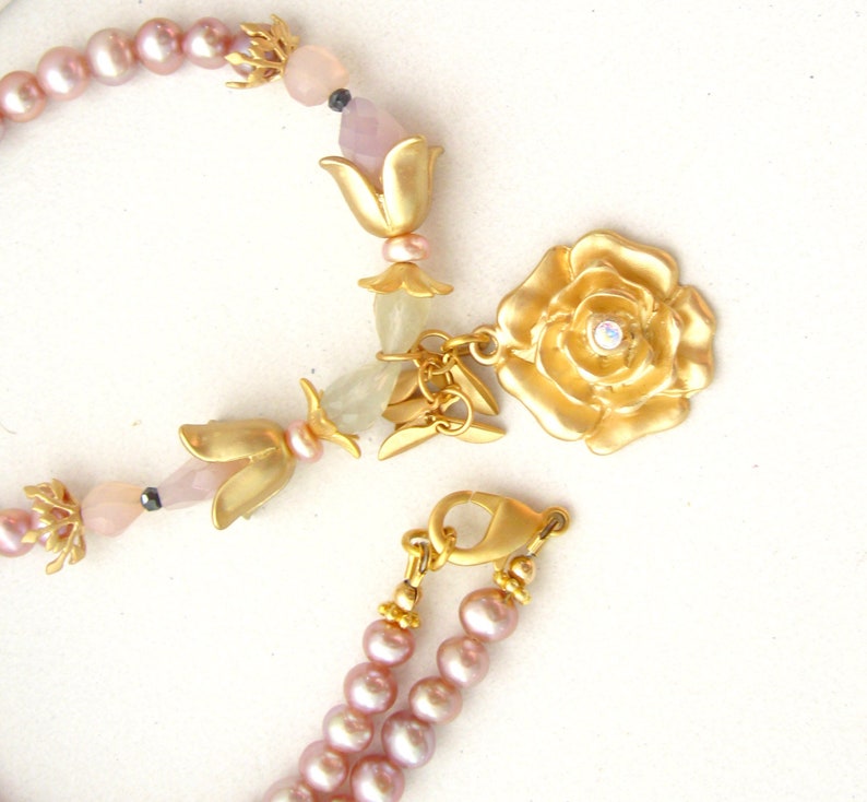 Blush rose chalcedony and pearl necklace rose Freshwater pearls w/ Swarovski crystals necklace Vermeil and matte gold plated artisan jewelr image 4